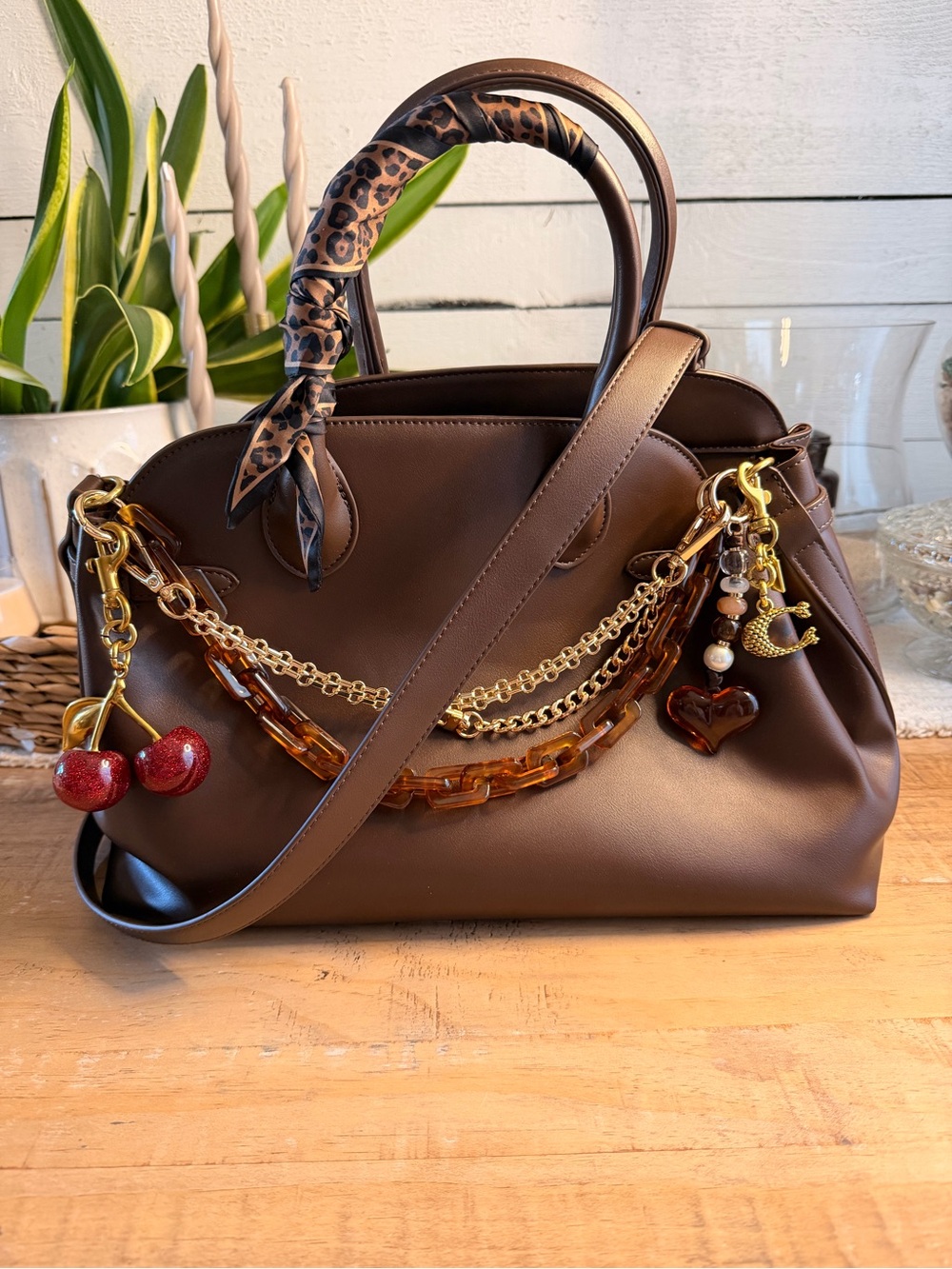 Classic Brown Leather Satchel with Gold Chain Accents